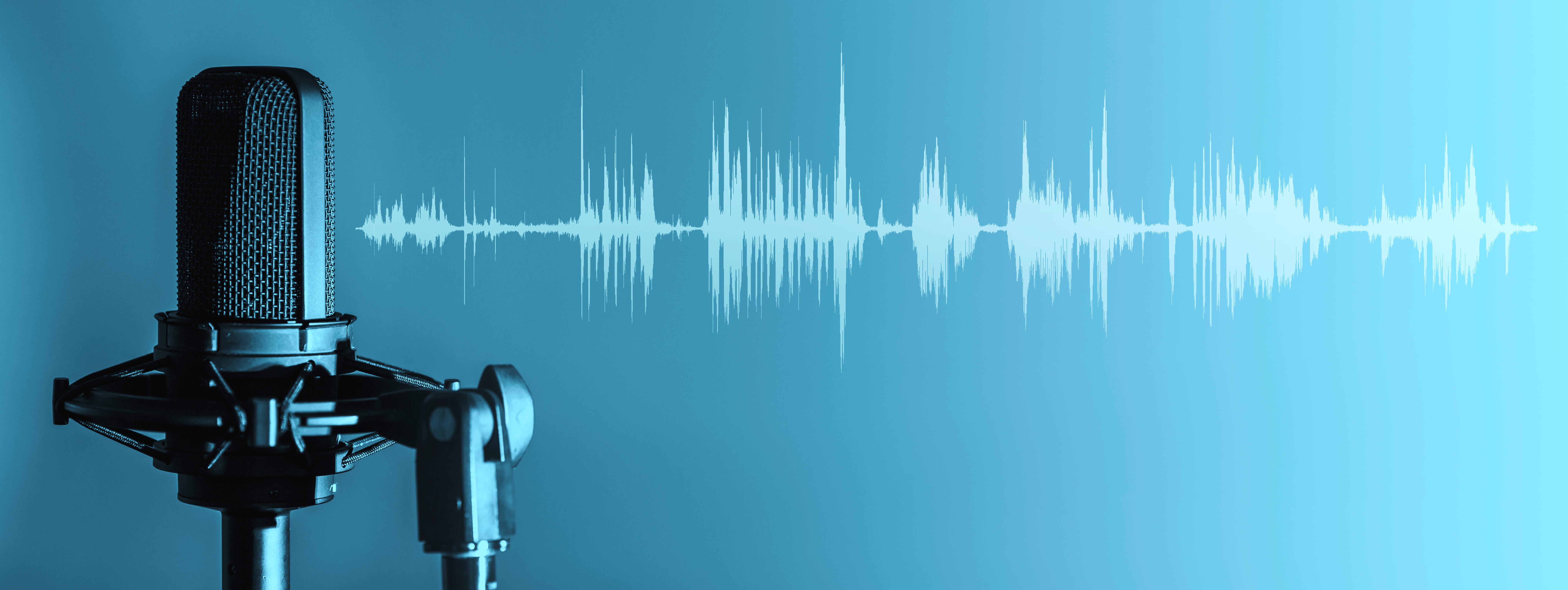 Photograph of a microphone on a blue-green background with a representation of soundwaves